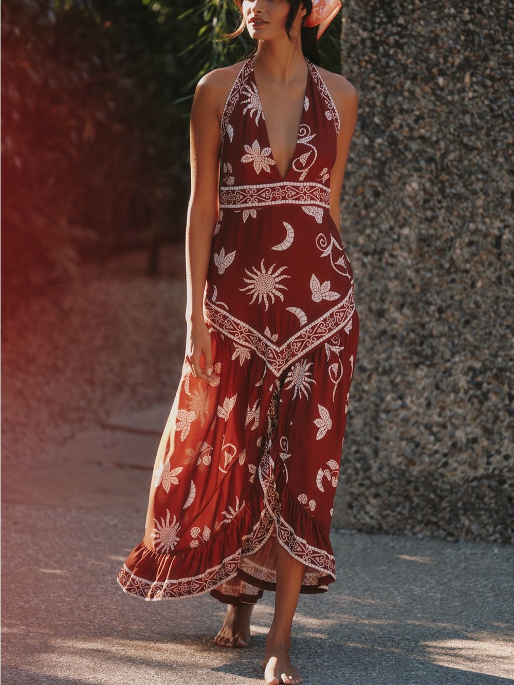 Anthropologie Rust Red Halter Midi Dress with Cream Print